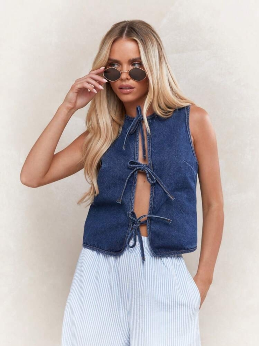 SHEIN Dark Blue Denim Tie-Front Sleeveless Vest
